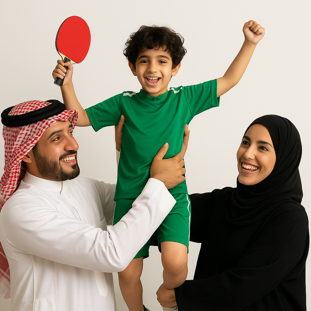 Arab family celebrating young table tennis player's victory