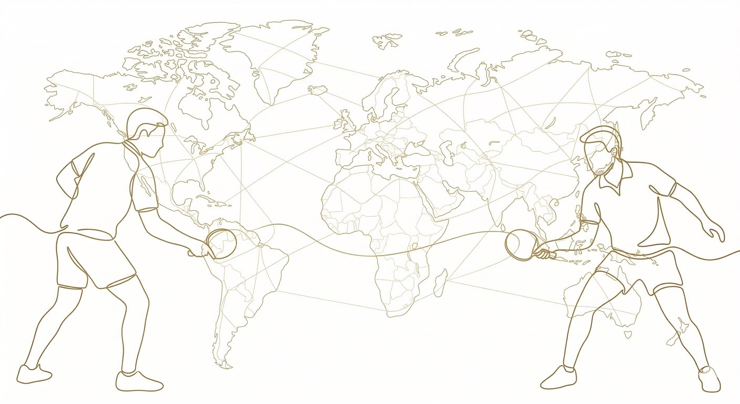 Two table tennis players in line art style with world map - Sand Smash global advocacy