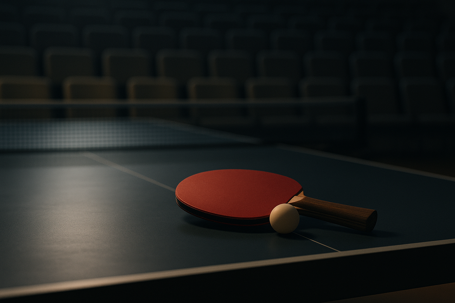 Table tennis paddle and ball in dramatic lighting